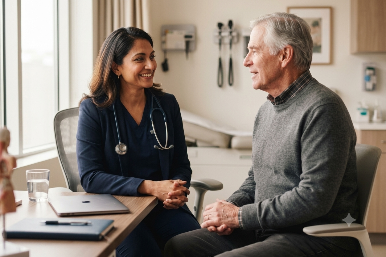 Physician listening to a patient during a thoughtful conversation